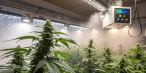 Flowering cannabis plants in a grow room with an automatic humidity control system emitting mist.