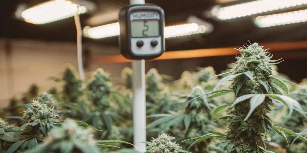 Indoor cannabis grow room with digital humidity meter showing low humidity level among flowering marijuana plants.