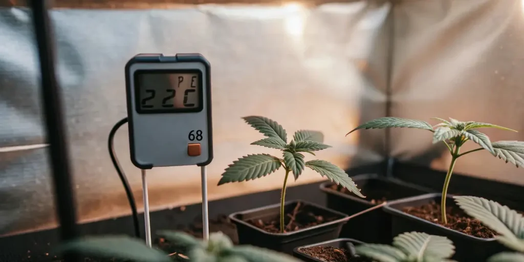 Cannabis seedlings in pots next to a digital thermometer reading 22°C inside a reflective grow tent.