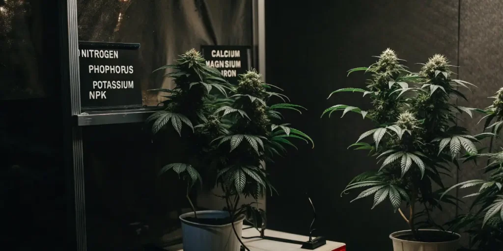 Indoor cannabis plants next to NPK and macronutrient signs