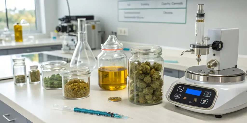 Cannabis buds, kief, and infused oil displayed in jars inside a modern cannabis extraction laboratory.