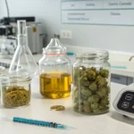 Cannabis buds, kief, and infused oil displayed in jars inside a modern cannabis extraction laboratory.