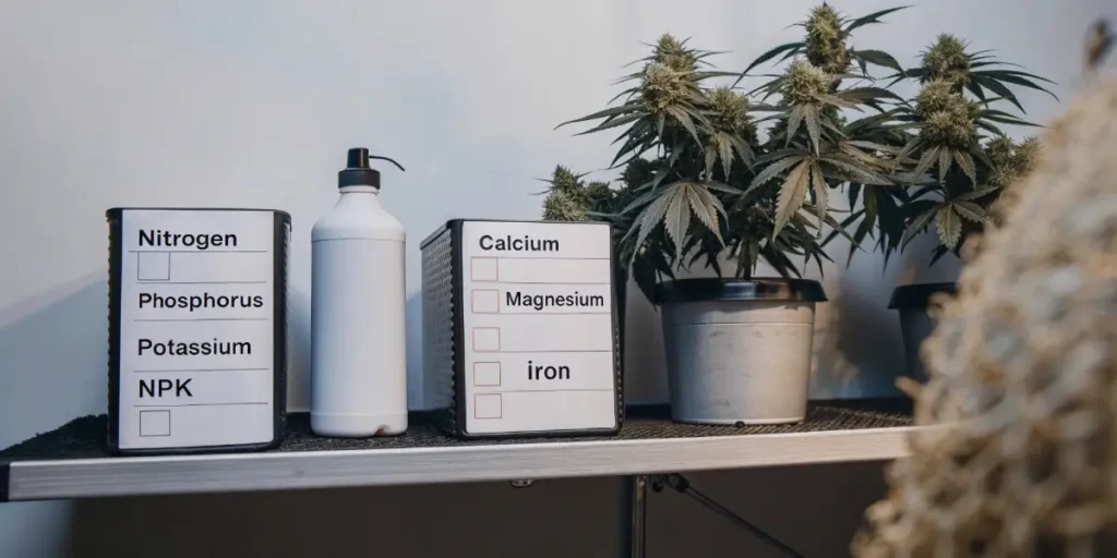 Indoor cannabis plants beside macronutrient supplement containers