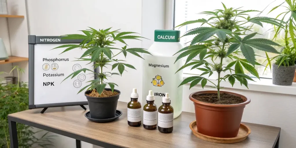 Table with cannabis plants, nutrient bottles, and NPK macronutrient chart