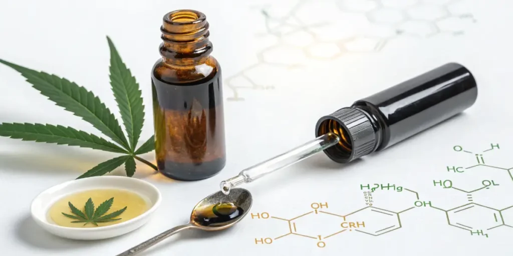 cannabis oil dropper and bottle on lab surface with chemical compounds illustration