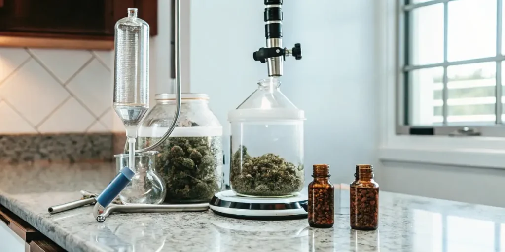 Modern kitchen counter with cannabis extraction tools, jars filled with buds, and amber dropper bottles.