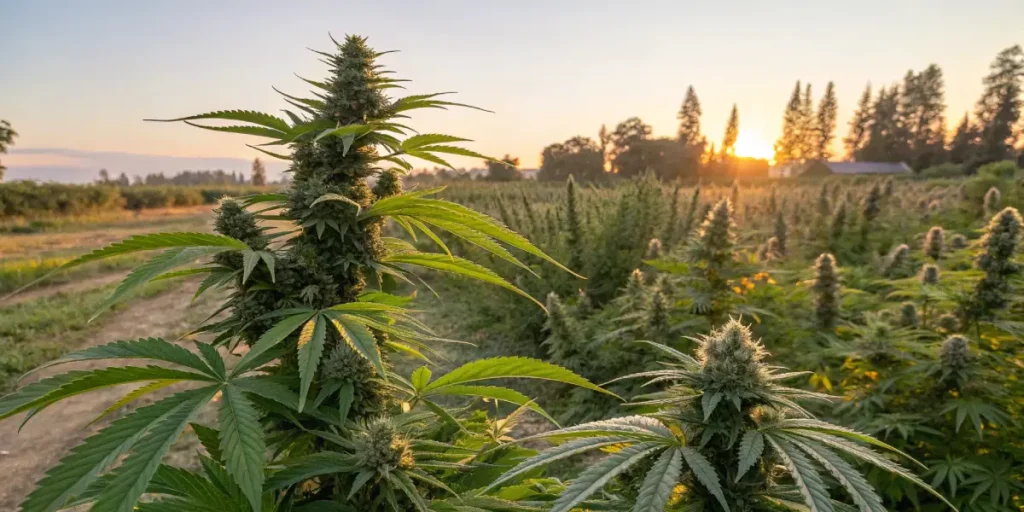 Cannabis plant at sunset in an outdoor cultivation field