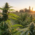 Cannabis plant at sunset in an outdoor cultivation field