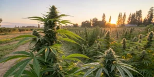 Cannabis plant at sunset in an outdoor cultivation field