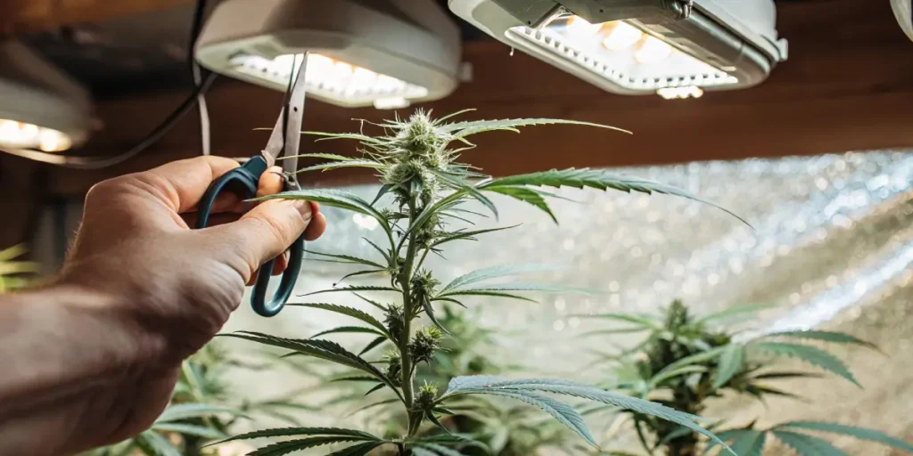 Top pruning a cannabis plant under LED grow lights