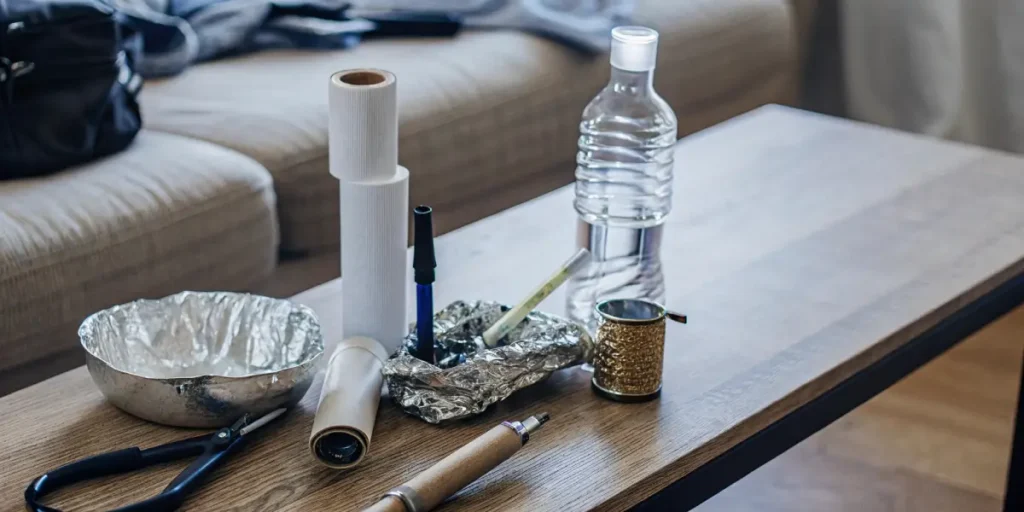 casual cannabis use setup with DIY tools on a living room table