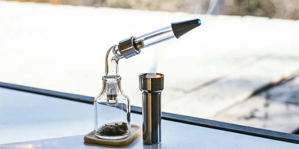 Cold start dab rig with metal torch and cannabis concentrate on glass table.