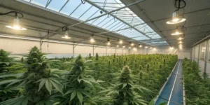 commercial cannabis facility with rows of flowering plants under mixed light