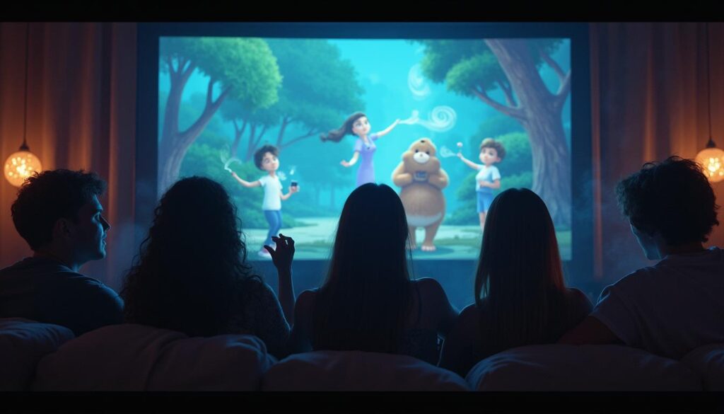 A couple watching an animated show on TV while smoking in a cozy, dimly lit room.