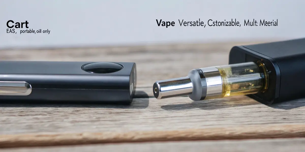 hyper-realistic close-up of cannabis vape cartridge and vaporizer on wooden surface