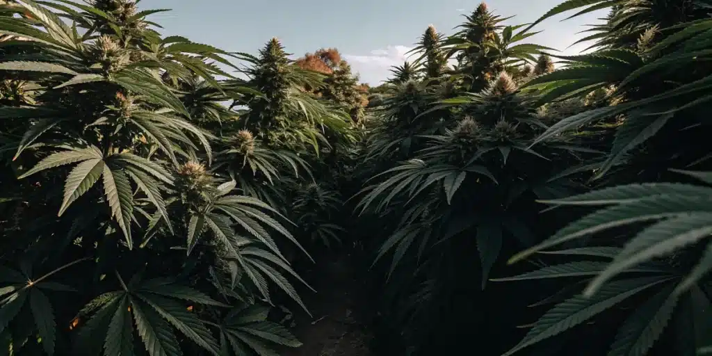 Dense cannabis garden full of mature plants ready for harvest