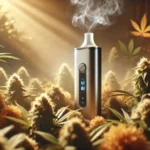 Modern dry herb vaporizer emitting vapor, surrounded by dense cannabis buds in a warm golden glow with natural light streaming through