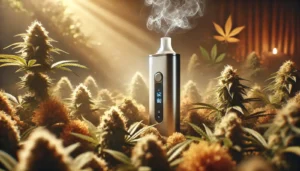 Modern dry herb vaporizer emitting vapor, surrounded by dense cannabis buds in a warm golden glow with natural light streaming through