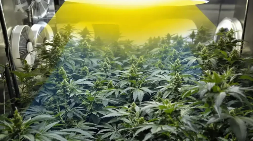 cannabis grow room with early flowering plants and reflective walls