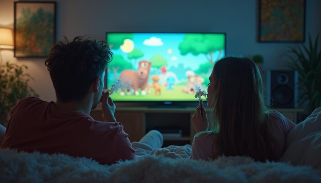 Five friends watching an animated movie while smoking in a warmly lit home theater.