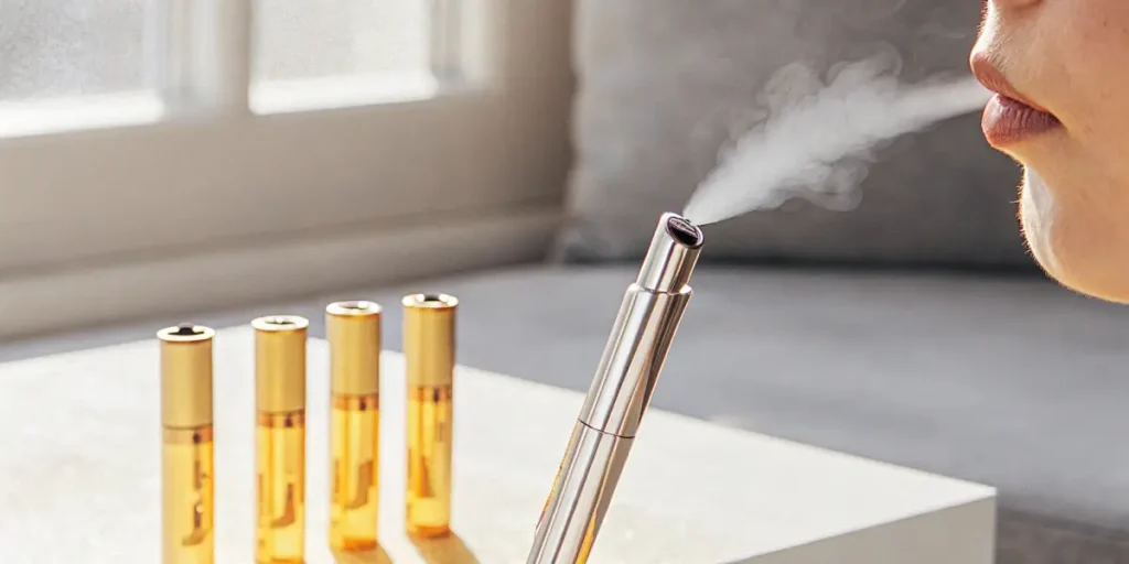 A person using a sleek gold vape pen to inhale cannabis oil, with multiple gold cartridges on a table.