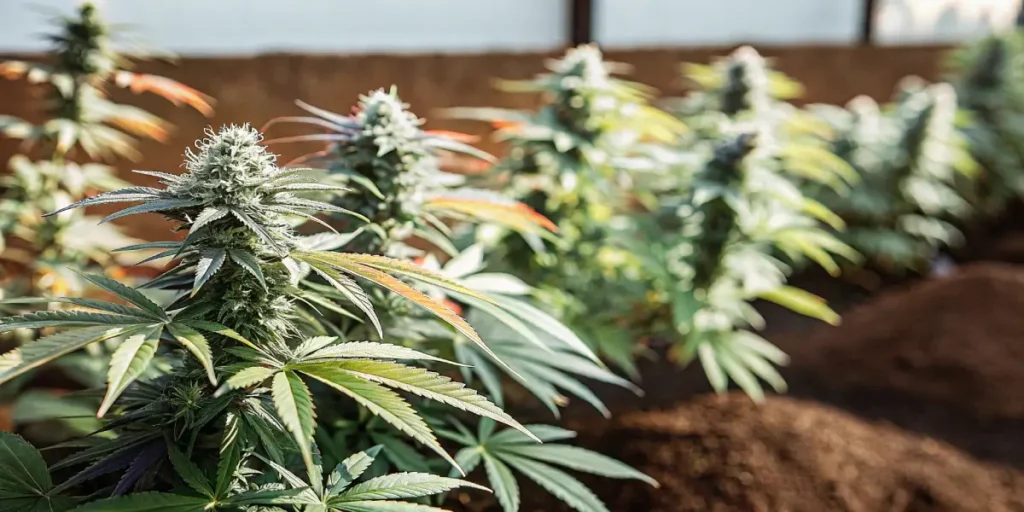 Healthy cannabis plants growing in a greenhouse environment
