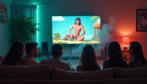A group of friends watching a cartoon on TV while smoking in a softly lit living room.