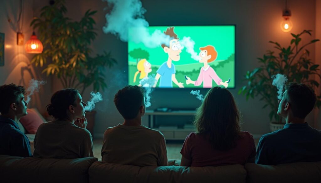 Group of friends watching an animated movie on a large screen while smoking in a dimly lit living room.