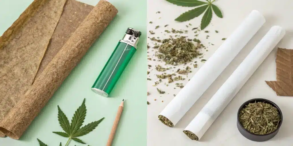 Split background comparing natural hemp wraps with cannabis leaf and lighter (left) versus white rolling papers with a cannabis leaf and ground cannabis (right).