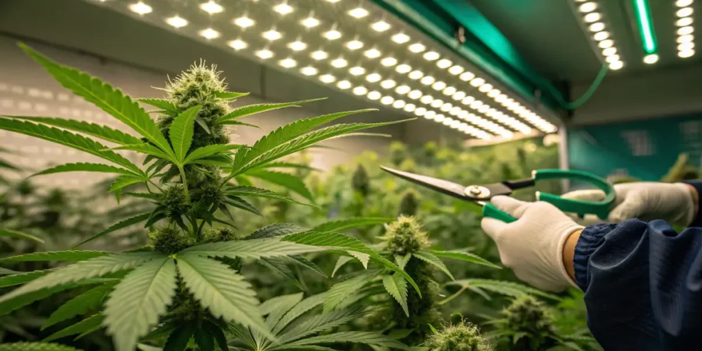 Cannabis plant being trimmed with scissors under green LED lights.