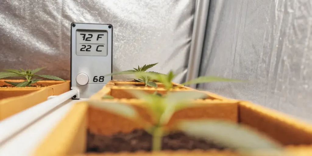 Close-up of cannabis seedlings in biodegradable trays beside a digital climate monitor displaying 72°F and 22°C.