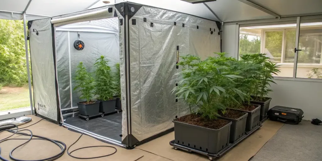 Indoor cannabis grow room with potted plants in climate-controlled tents.