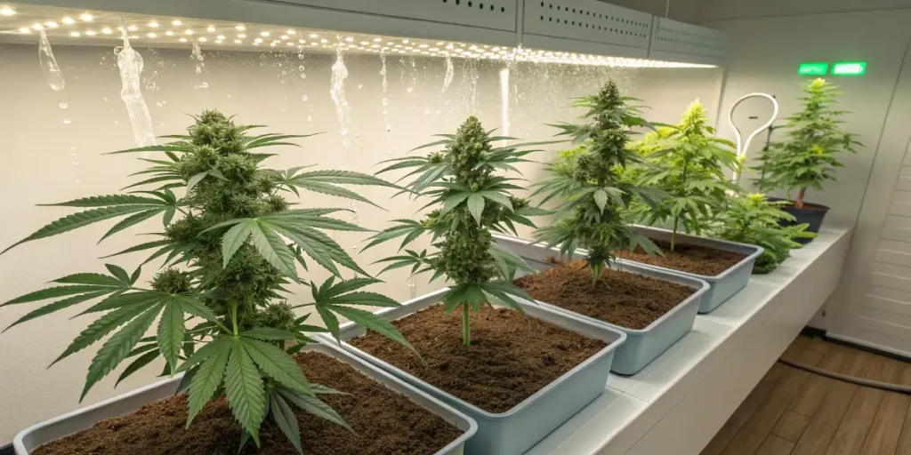 Cannabis plants growing indoors in fabric pots with white walls and bright lighting.
