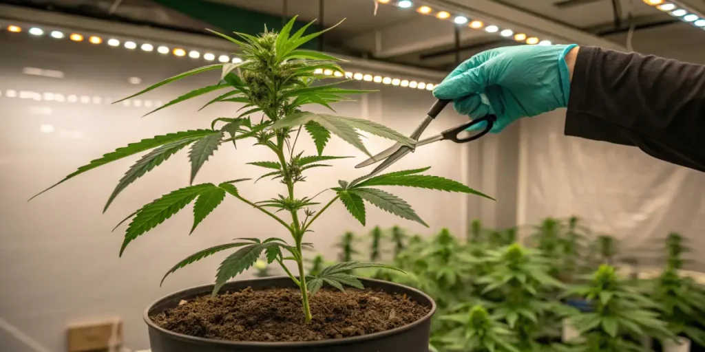 Indoor cannabis pruning with scissors and gloves