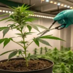 Indoor cannabis pruning with scissors and gloves