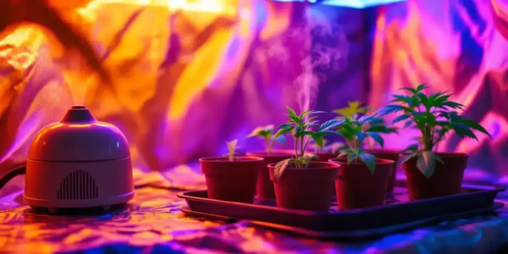 Young cannabis seedlings growing in pots under colorful LED grow lights in an indoor setup