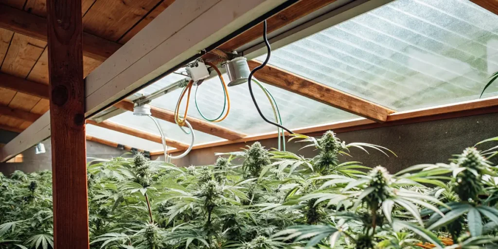 indoor greenhouse cannabis setup with mixed lighting and mature buds