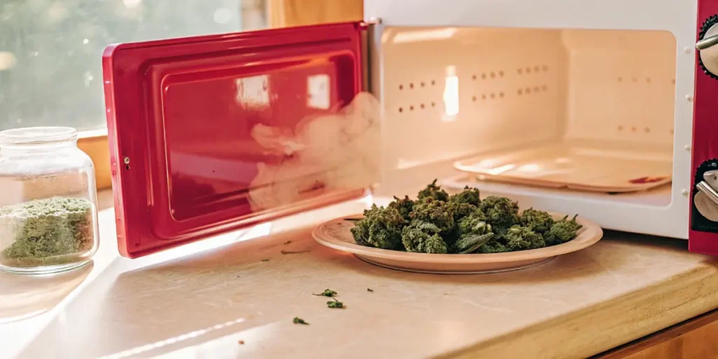 Cannabis buds drying on a plate in front of an open red microwave in a sunny kitchen
