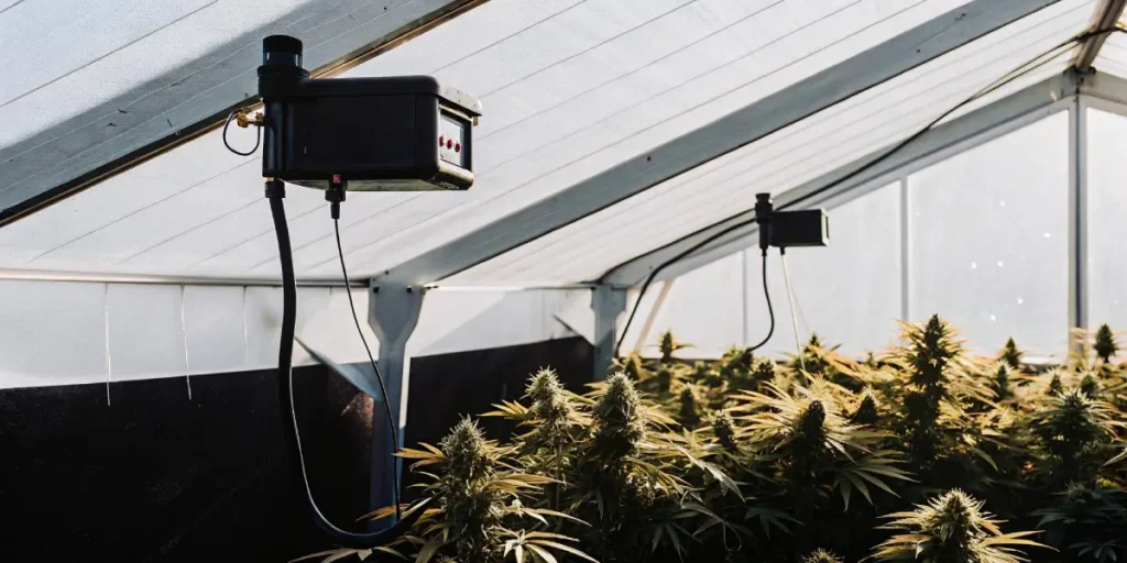 mixed light cannabis greenhouse with monitoring equipment and flowering plants