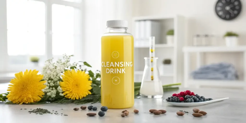 modern detox cleansing drink with fresh herbs and berries on a bright kitchen counter