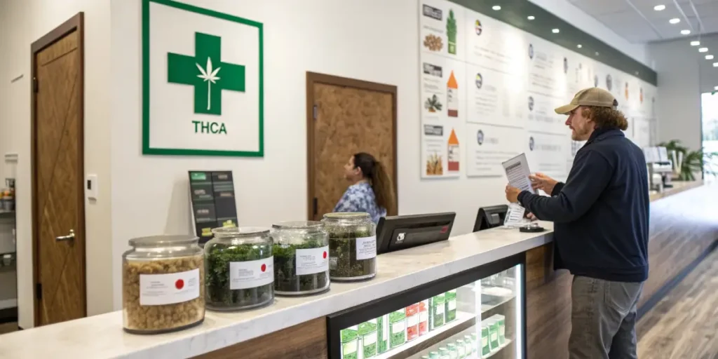 Modern cannabis dispensary interior with THCA sign, jars of cannabis, and customers at the counter.
