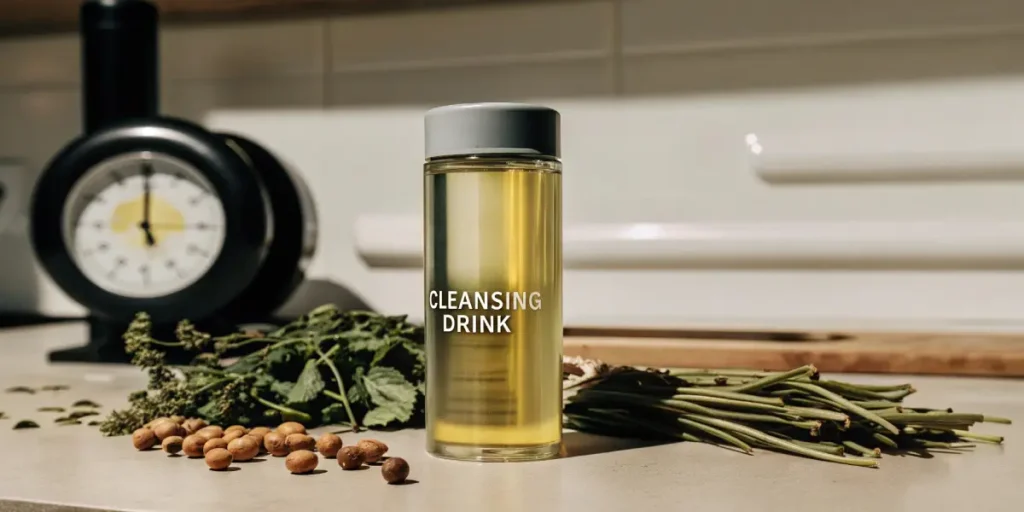 natural detox cleansing drink with herbs and seeds on a rustic kitchen surface