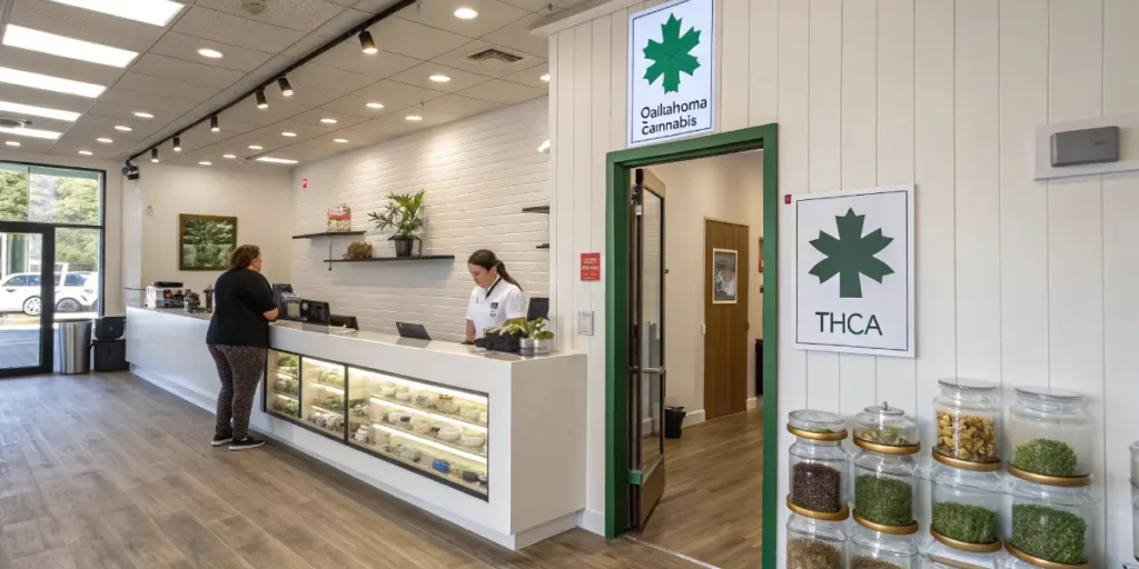 Oklahoma cannabis dispensary with THCA signage, product jars, and customers at the counter.