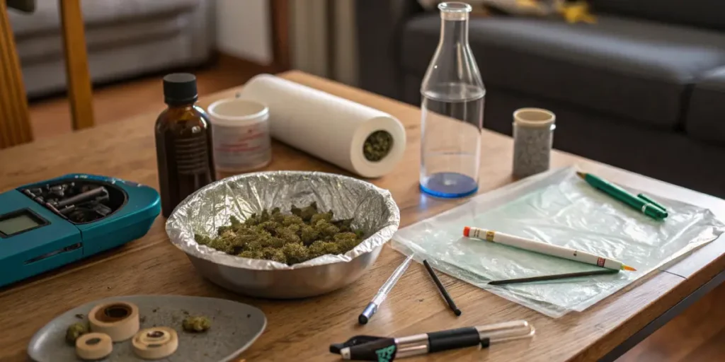 preparing cannabis on coffee table with tools and buds in foil bowl
