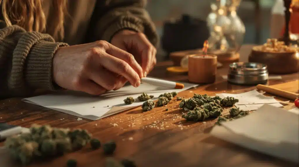 Person rolling a cannabis joint on a wooden table with scattered buds and warm ambient lighting.
