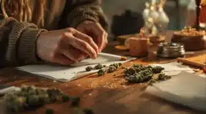 Person rolling a cannabis joint on a wooden table with scattered buds and warm ambient lighting.