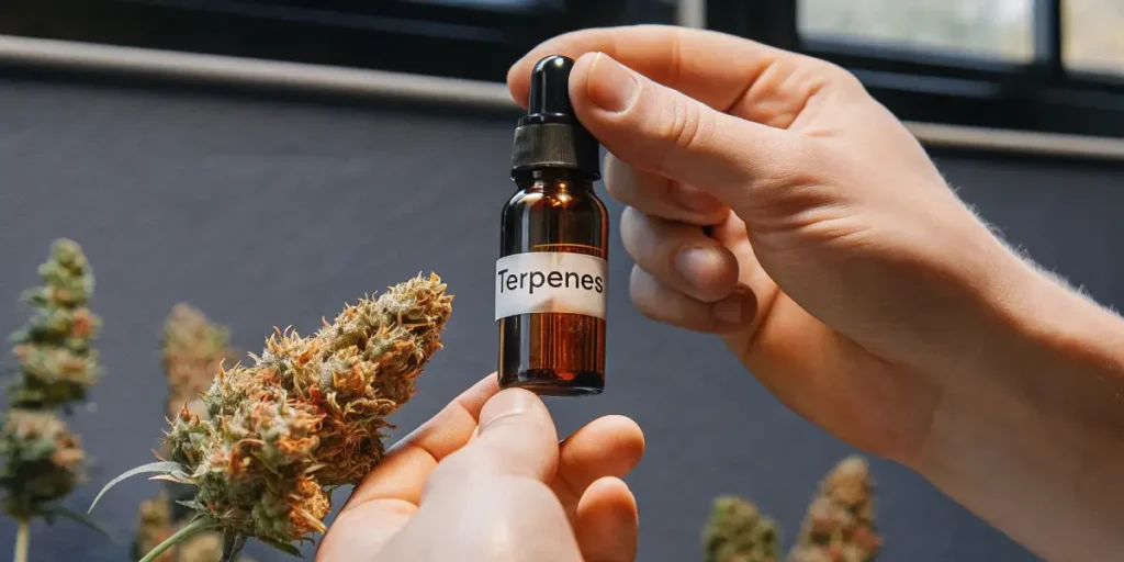 Person applying terpene drops to a cannabis bud for enhanced aroma and effects.