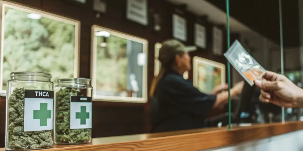 Jars of THCA cannabis buds on a dispensary counter with a person making a purchase.