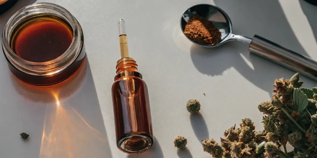 thick full extract cannabis oil with dropper and jar, cannabis buds and powder in background