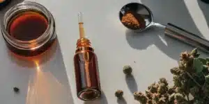 thick full extract cannabis oil with dropper and jar, cannabis buds and powder in background